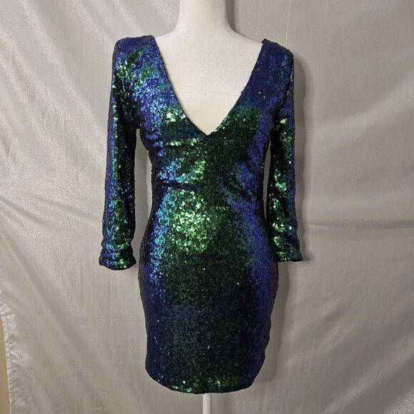 AKIRA Chicago Black Label Peacock Sequin Dress Sz Large Blue Green - Picture 1 of 6